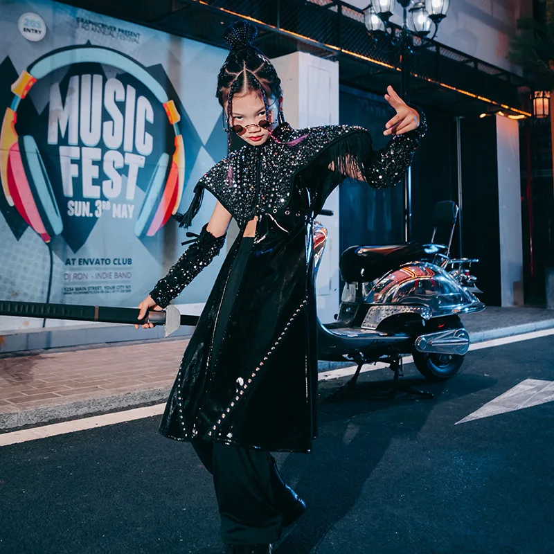 

Модная одежда для подиума для девочек, сценические наряды K-pop, черное платье с пайетками, костюм для уличных танцев в стиле джаз, хип-хоп