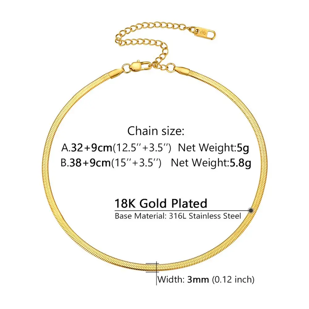 U7 Adjustable Flat Snake Choker Necklace 3mm Gold Silver Color Stainless Steel 13 inch 15inch Necklace For Women