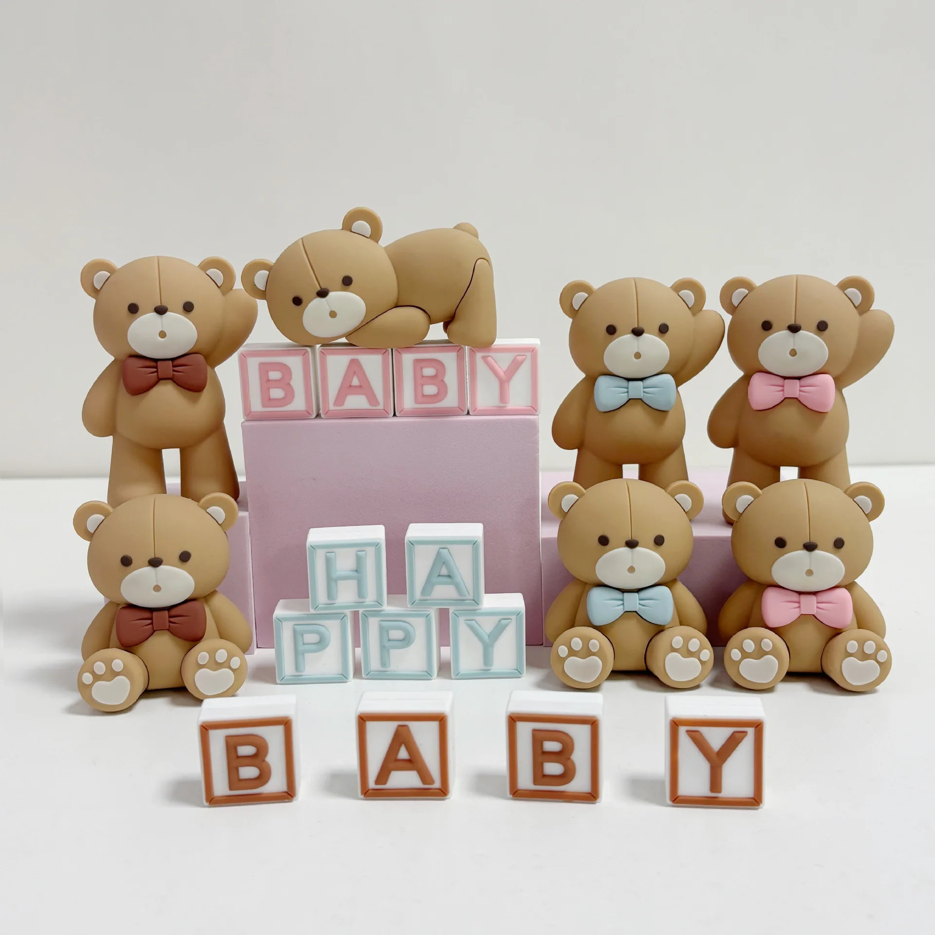 New Bear Cake Topper for Boy Girl Baby Shower Bear Theme Decorations Blue Brown Pink Mini Bear Happy 1st Birthday Party Supplies