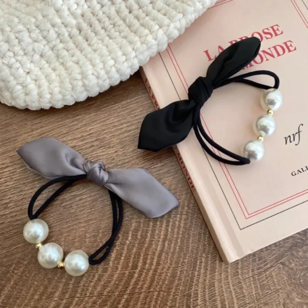 Pearl Bow Hair Ties French Vintage Elegant Elastic Ponytail Holders for Women Back of Head Minimalist Daily
