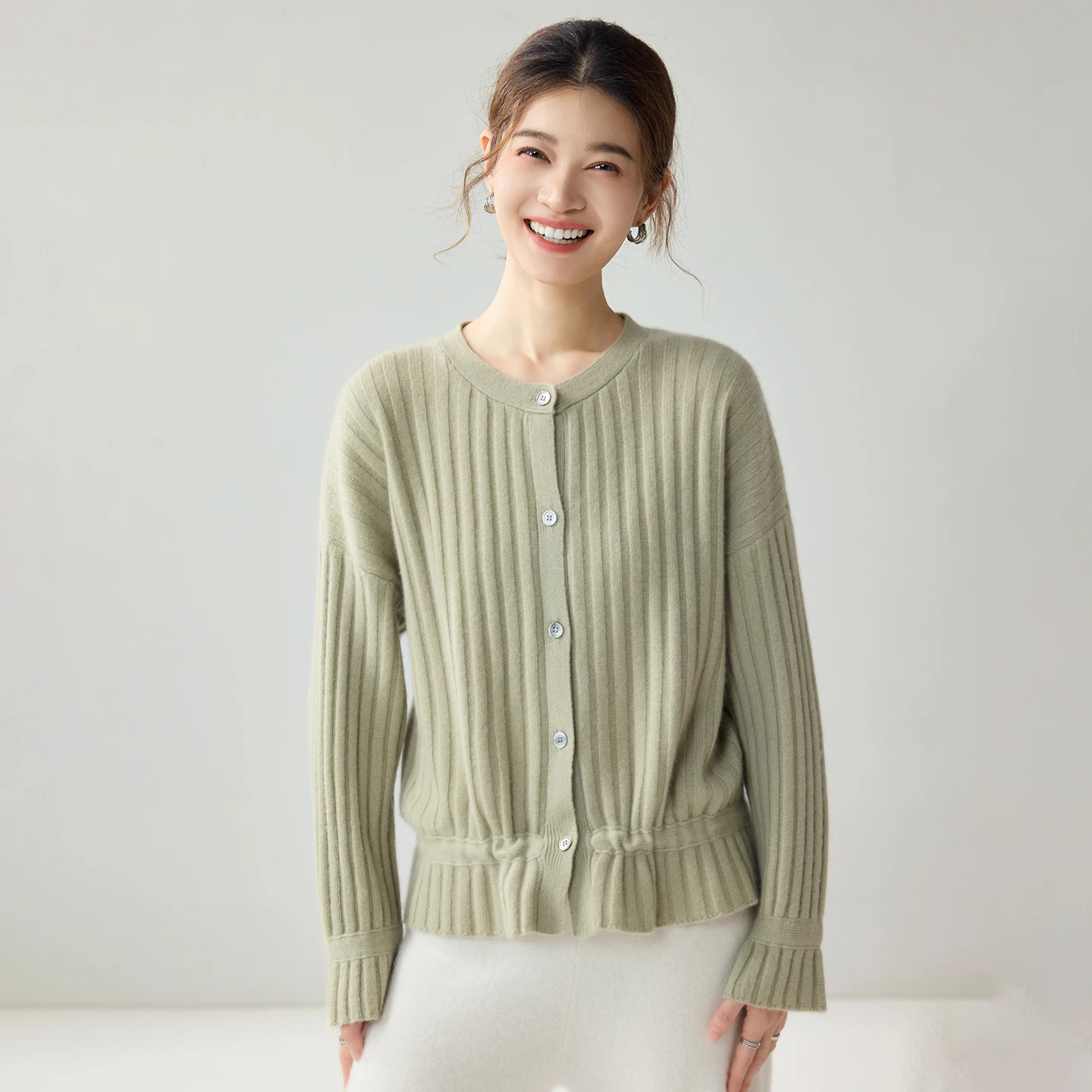 Women Fashion Outfit 100% Cashmere Round Neck Wide Rib Waist Drawstring Cardigan Autumn Winter Long Sleeve Solid Female Tops