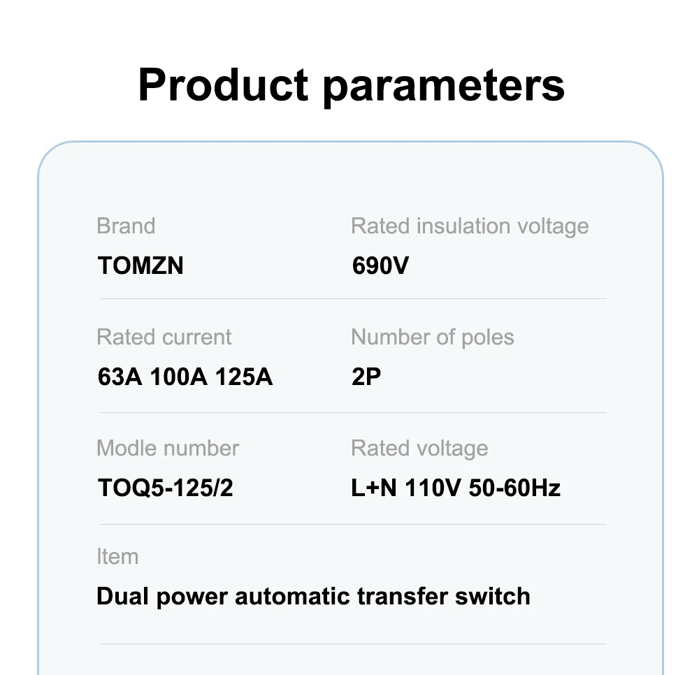 TOMZN Single Phase Din Rail ATS 220V Dual Power Automatic Transfer Electrical Selector Switches Uninterrupted 2P 63A 100A 125A