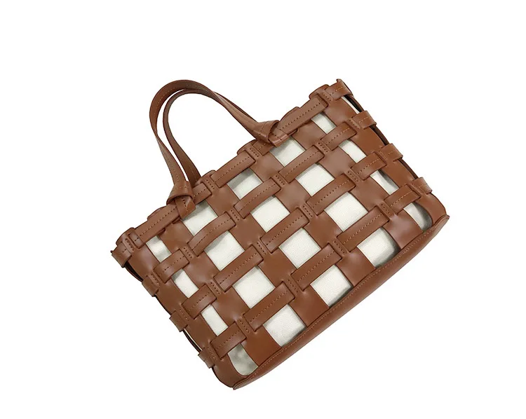 FIRMRANCH Korean INS Trendy Portable Vegetable Basket Advanced Hollow Out Design Square Tote Cowhide Weave Stylish Purse Female