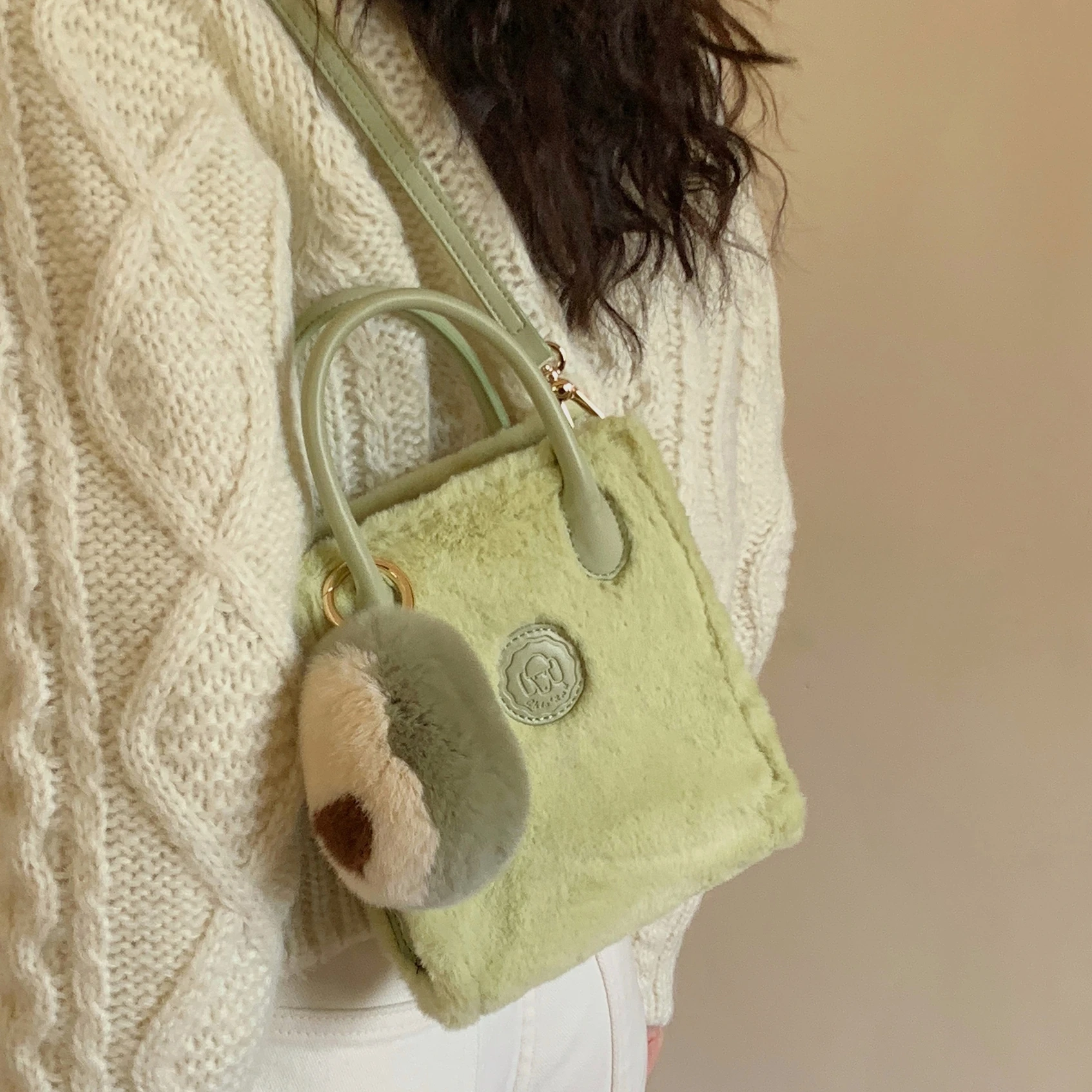 Avocado Green Woollen Bags for Women Mini Plush Purse Soft Crossbody Bags with Fur Luxury Designer Handbag Tote Messenger Bag
