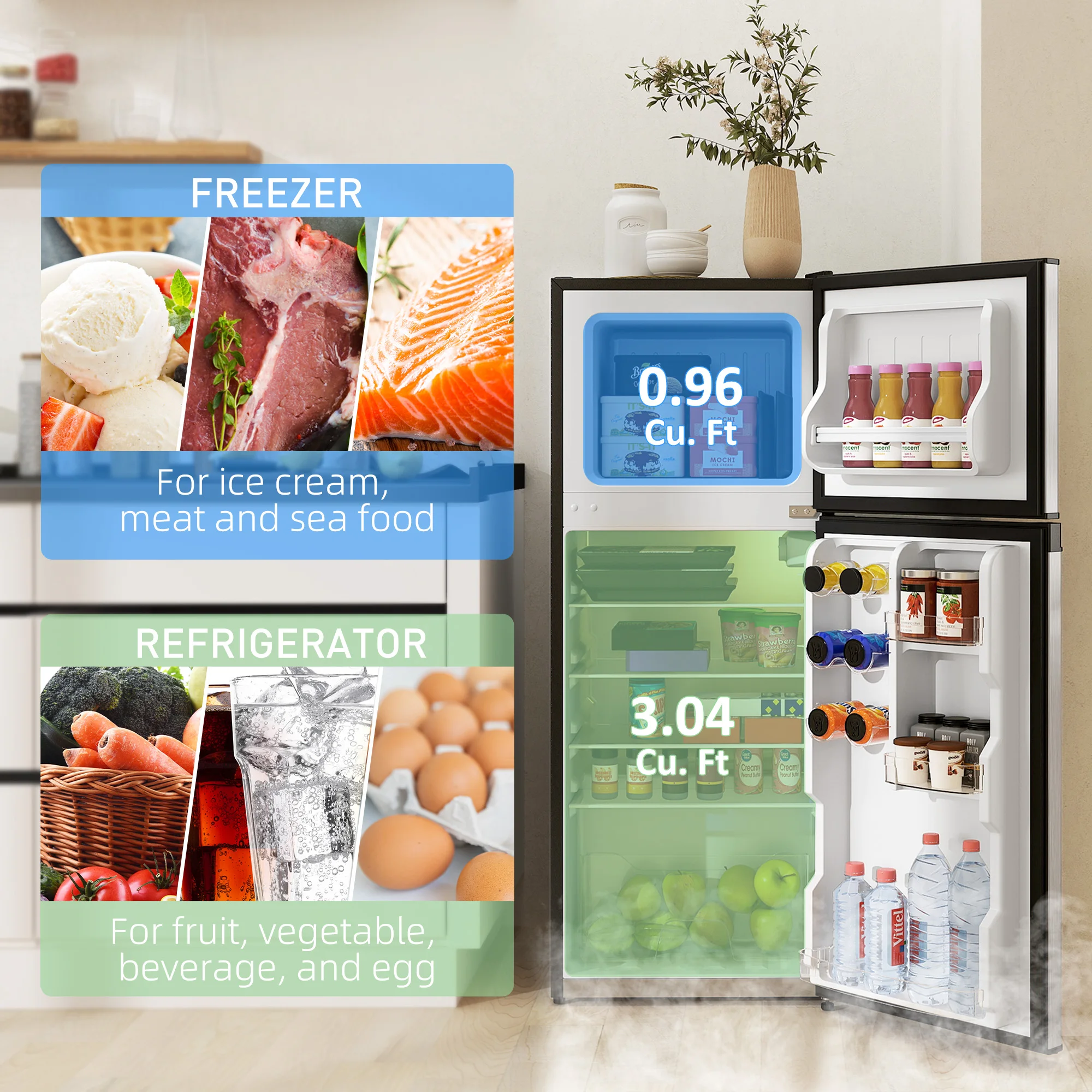 

Small Fridge with Freezer, 4 Cu Ft Refrigerator with Reversible Doors, Silver
