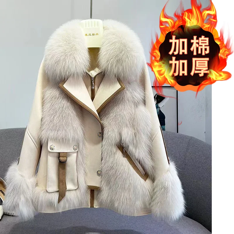 Abrigo de piel sintética de zorro para mujer, chaqueta de plumas, abrigo de empalme de tela de ante, abrigo de lana nuevo, Parkas cálidas, abrigos cortos gruesos