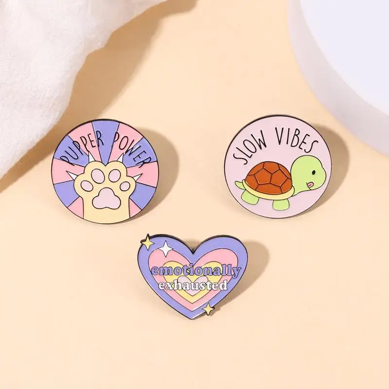 Slow Vibes Enamel Pins Custom Pupper Power Brooches Lapel Badges Animal Cat Paws Turtle Jewelry Gift for Kids Friends