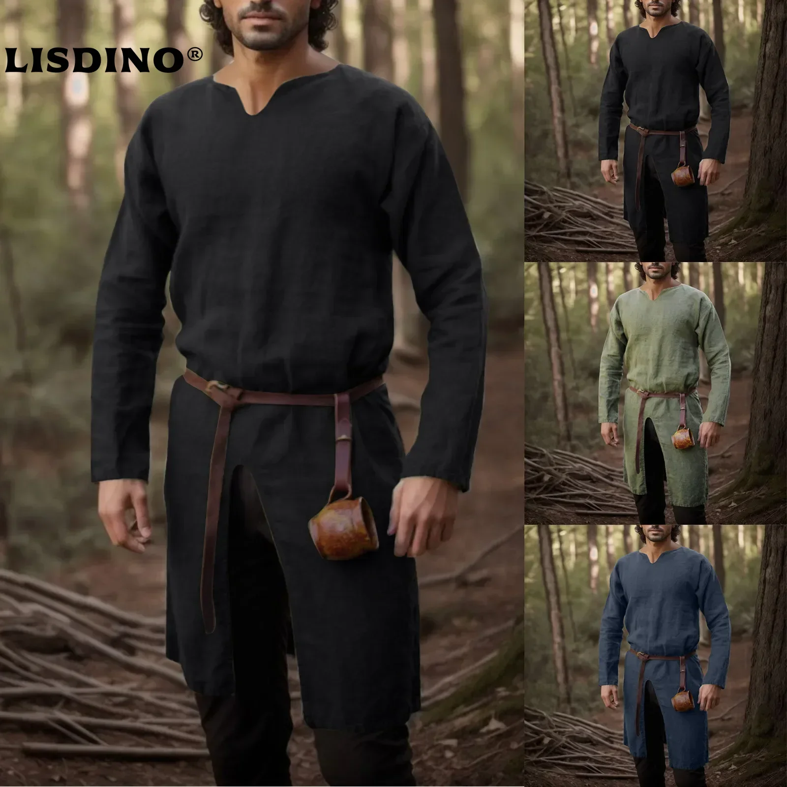 

1Medieval Renaissance Retro Linen Shirt Tops Tunic Male Long Robes Dress Vintage Jackets Knight Vikings Pirate Cosplay Costumes