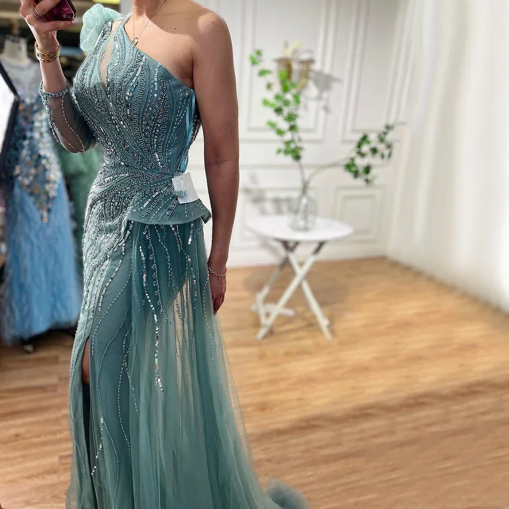 Serene Hill 2025 Dubai Turquoise Mermaid Sexy Beaded One Shouder Slit Evening Dresse Gowns Wedding Party GLA72062 Customized