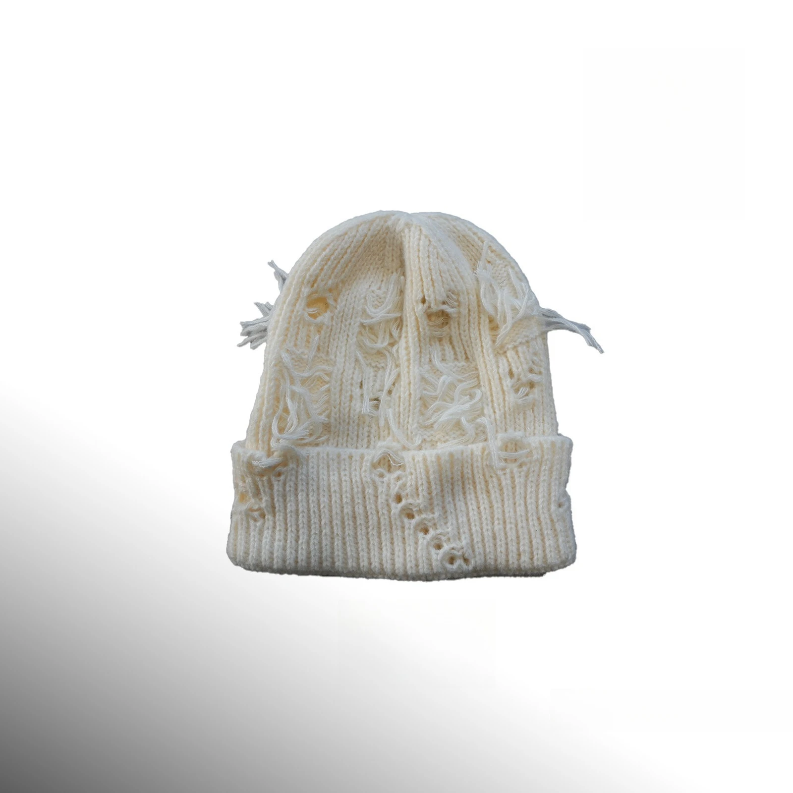 Distressed Knitted Beanie Hat for Women Men Ripped Hole Winter Pullover Cap Streetwear Soft Woolen Hat