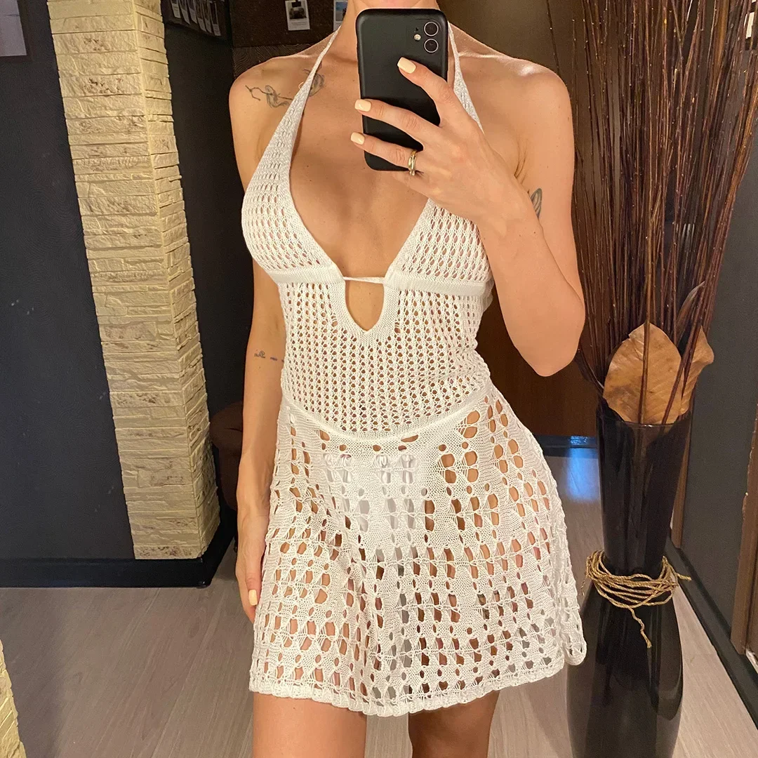 Malhas halter sem costas bikini cover-ups mulher rendas oco para fora maiôs banho cobrir praia férias férias verão