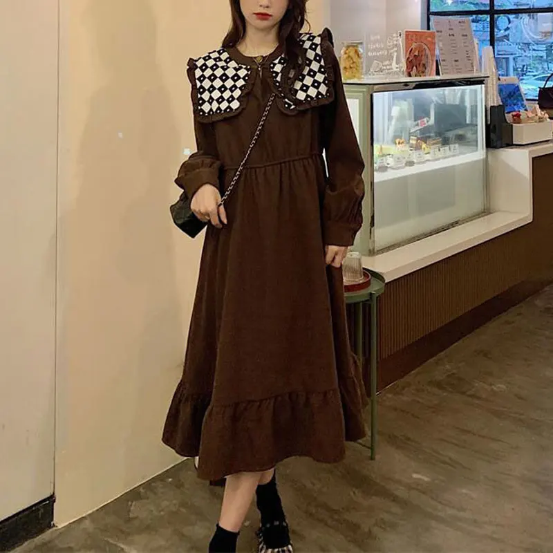 Vintage Printed Doll Collar Midi Dress Women\'s Clothing Sweet Patchwork Spring Autumn Long Sleeve Elegant A-Line Waist Dresses