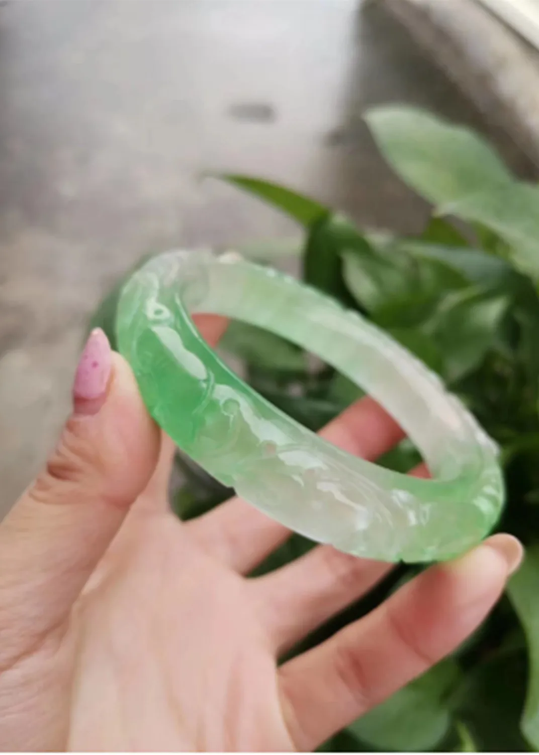 

Natural Purple Green Hollow Handcarved Original Ecological Pattern Emerald Jade Bangles Bracelets Jewelry