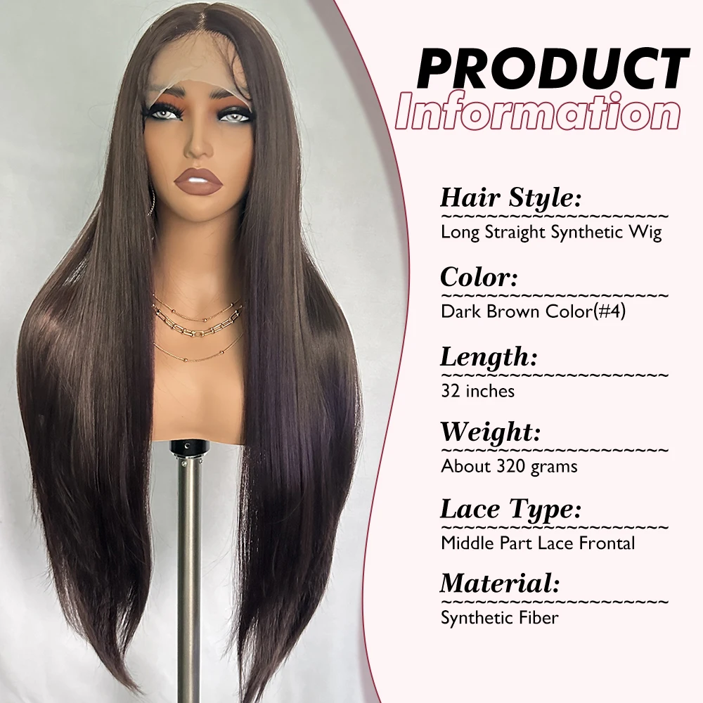 Long Straight Synthetic Lace Wig 32In Middle Part Wigs with Pre Plucked Baby Hair Brown Color Heat Resistant Fiber for Women