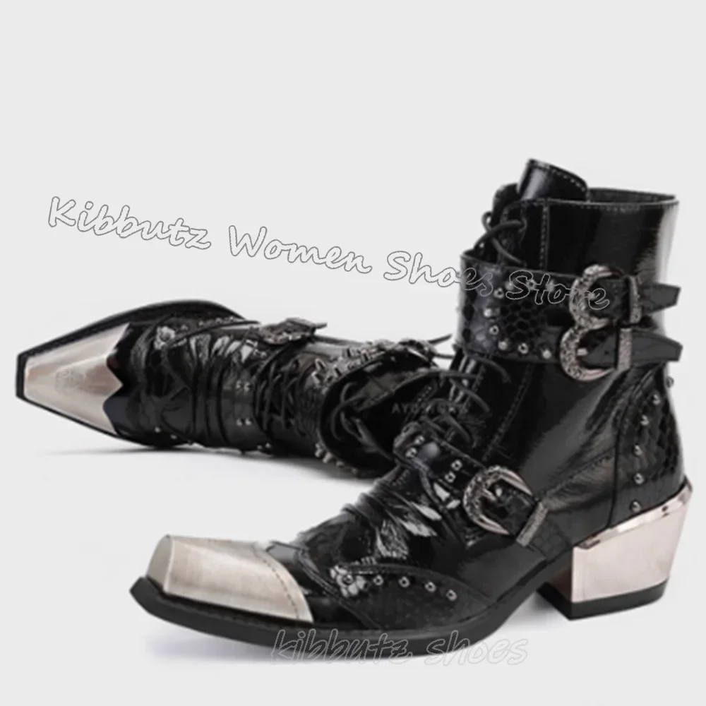 Stivaletti con decorazioni in metallo Rivetti Novità Cerniera in pelle Moda Elegante Sexy Conciso Scarpe da donna di lusso Punta quadrata Tacco grosso Nuovo