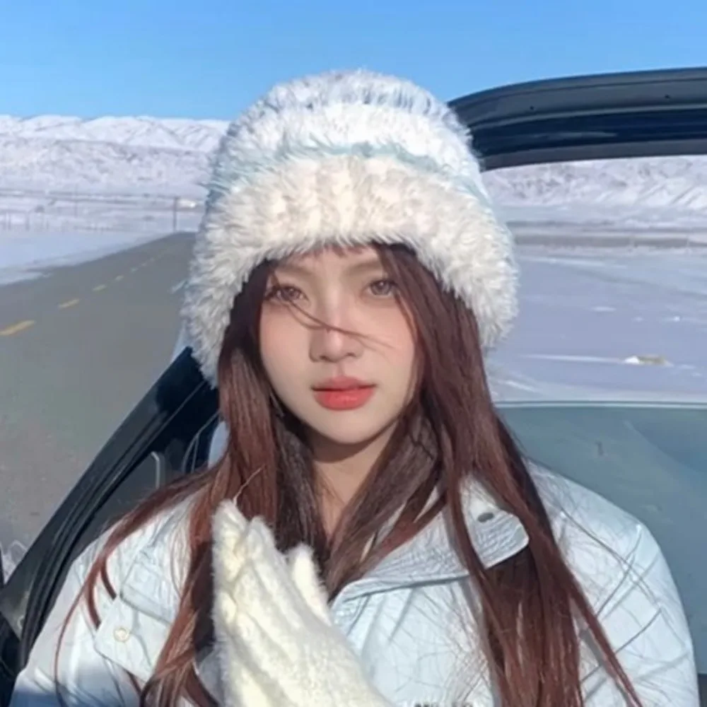 Faux Fur Bucket Hat Cold Protection Ear Protection Women Knitted Beanie Korean Style Thick Warm Pull On Cap Street Matching