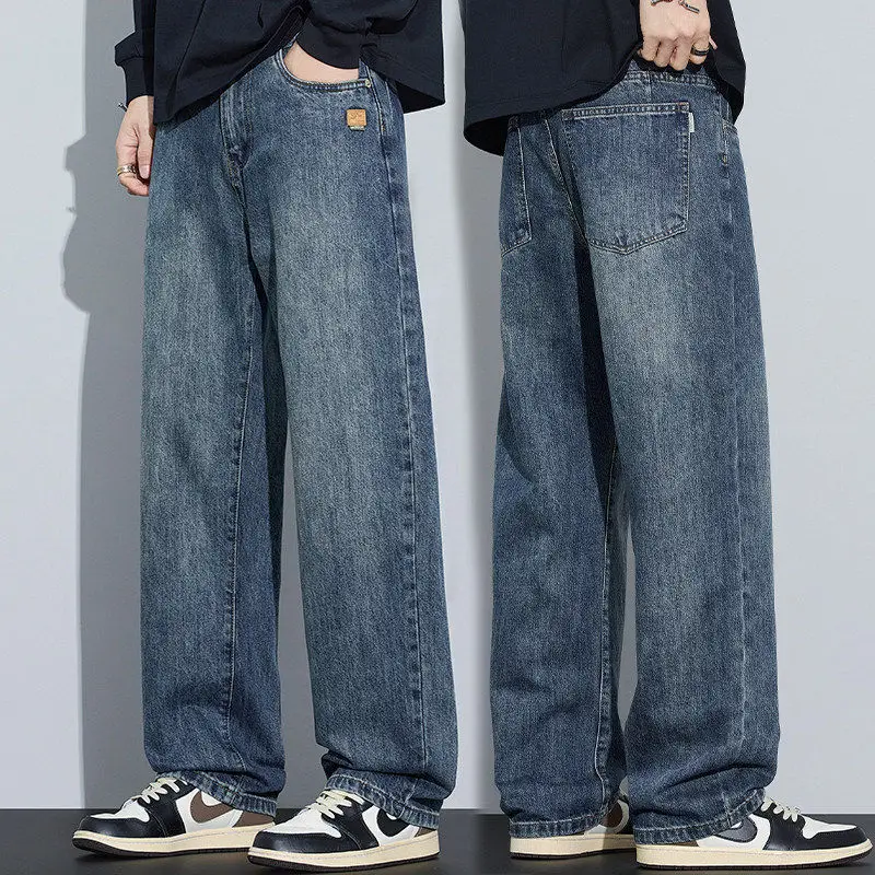 

Men's Casual Wide Leg Jeans Workwear Durable Cotton Stretch Denim mid Waist Zipper Closure Multi kets Wear Resistant