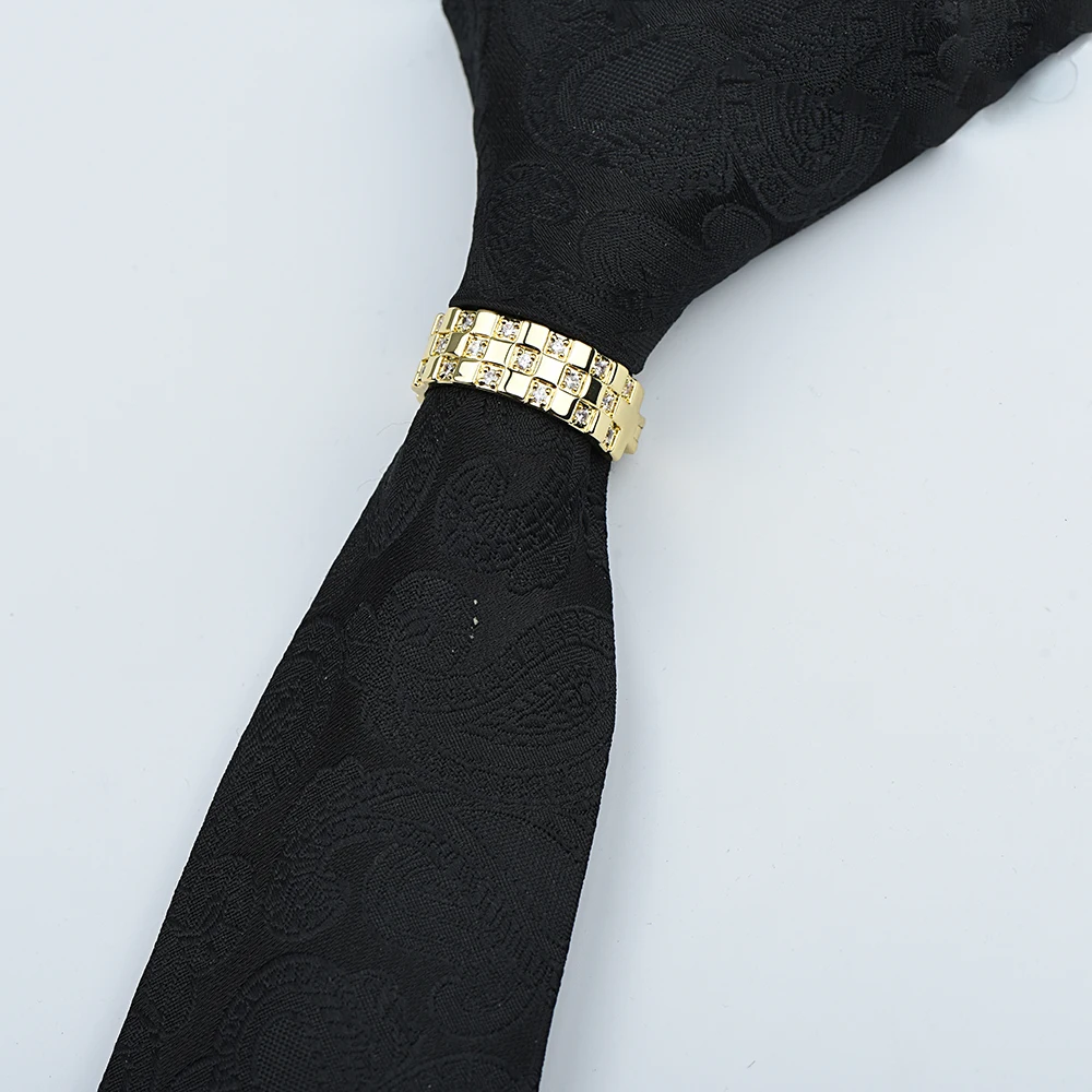 ICEYY Square Grid Crystal Tie Clip Tie Ring for Man Luxury Zircon D-shaped Buckle Ring Wedding Business Jewelry Accessories