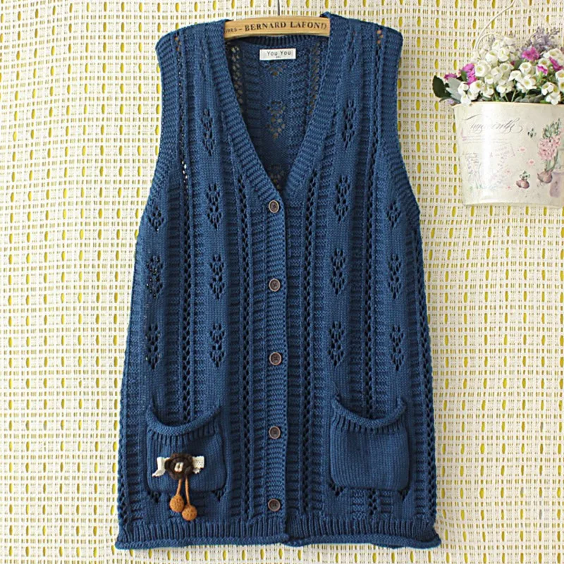 4XL Plus Size Sweater Vests Women Autumn Winter 3D Crochet Flower Jumpers Fashion Hollow Out V-Neck Sleeveless Knitted Cardigan