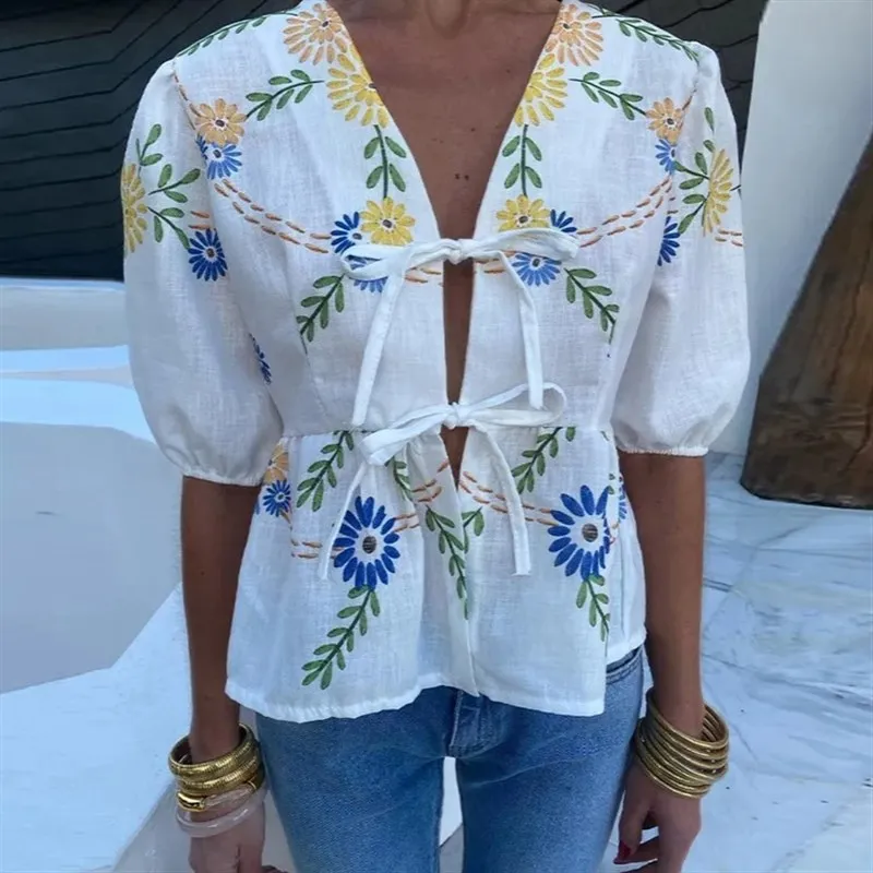 

European Women's Fashion V-Neck Tie Print Short Sleeve Top Long Cardigan Sexy Style Printed T-Shirt Long Sleeve Open Cardigan