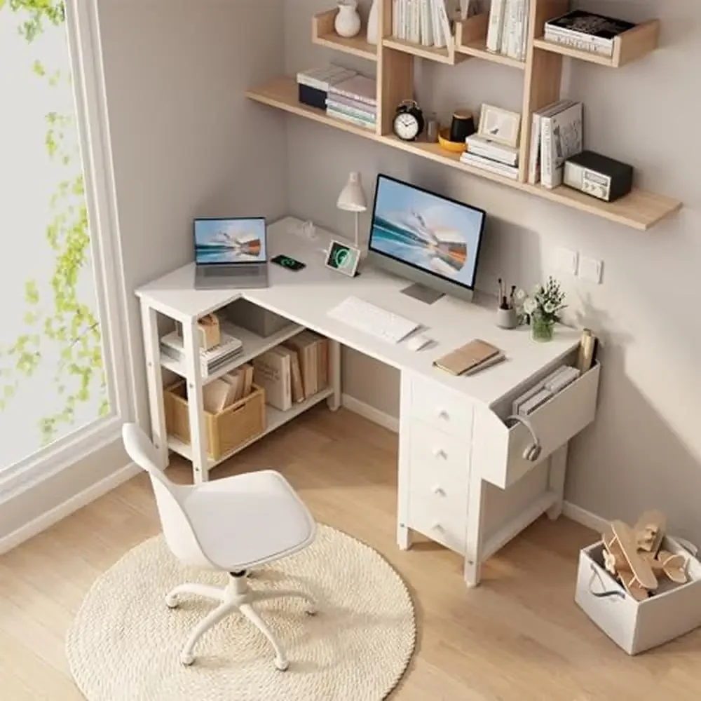 White L-Shaped Desk with Drawers & Storage Shelves Power Outlet Modern Style Sturdy Structure Easy Assemble Home Office Bedroom