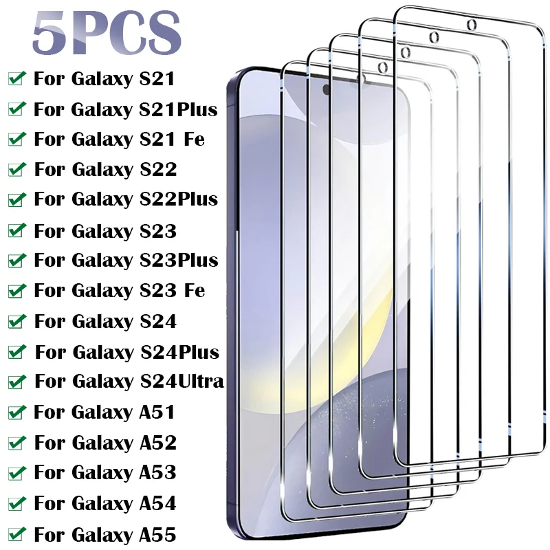 5PCS Tempered Glass for Samsung Galaxy S24 Ultra S23 S22 Plus S21 Fe Screen Protector for Samsung A54 A55 A53 A52 A51 Glass Film