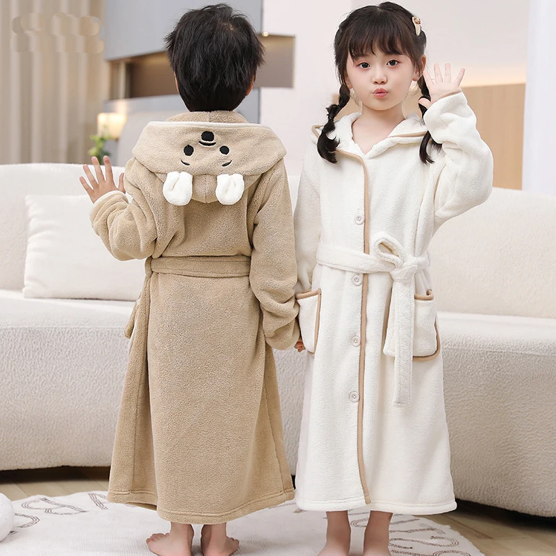 Winter Kids Boys Cartoon Cute Bathrobe Strong Water Absorption Sleepwear Increase and Thicken Hooded Homewear Coral Fleece Robes