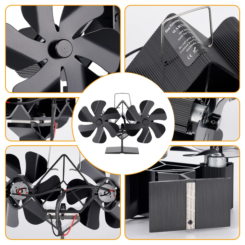 Ventilador de lareira preto de cabeça dupla Ventilador de fogão movido a calor de 12 lâminas sem necessidade de bateria ou eletricidade Queimador de madeira Eco Ventilador silencioso