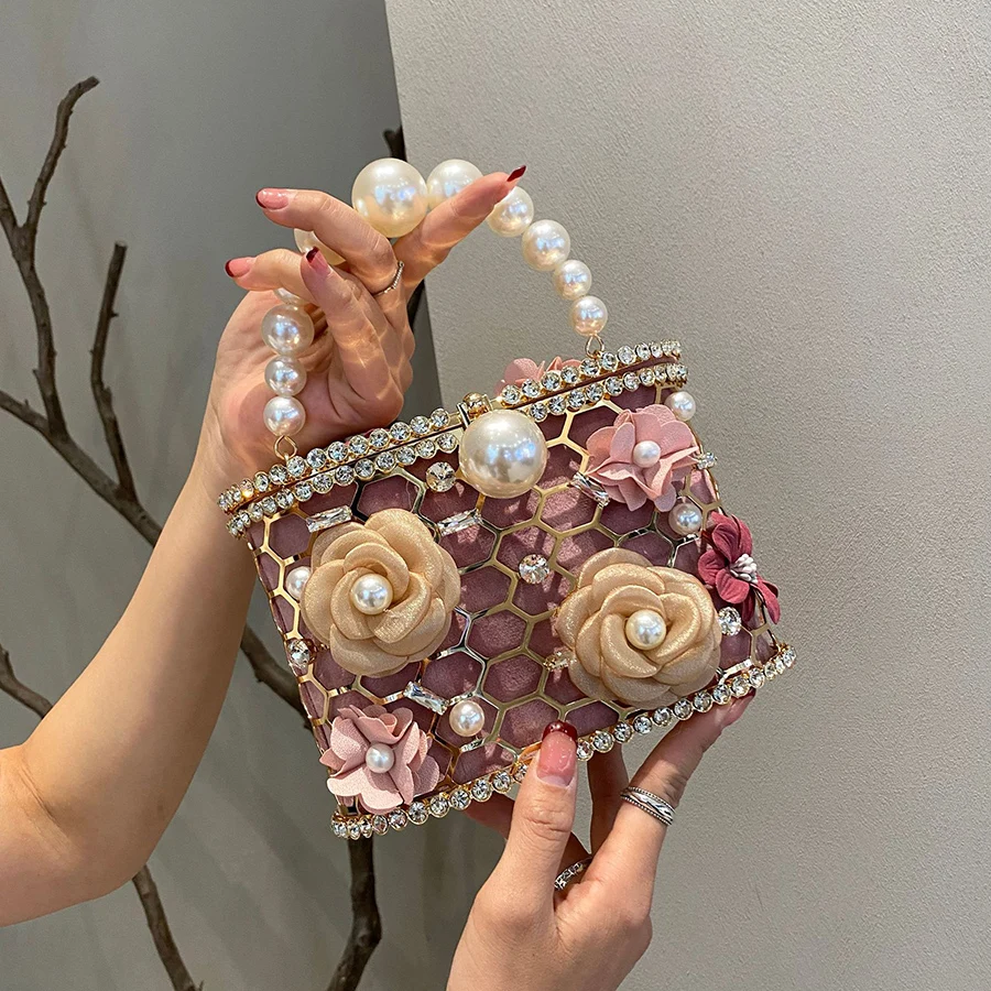 

Hollow Out Gold Metal Cage Women's Handbag Flower Crystal Shiny Rhinestone Diamond Evening Bag Wedding Party Clutch Purse Tote