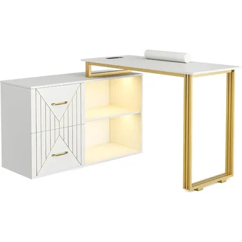 Nail Tech için Bilek Yastıklı Manikür Masası, 2 Çekmeceli ve 2 Raflı Köşe Tırnak Masası, Güzellik Salonu Tırnak Malzemeleri Dekoru