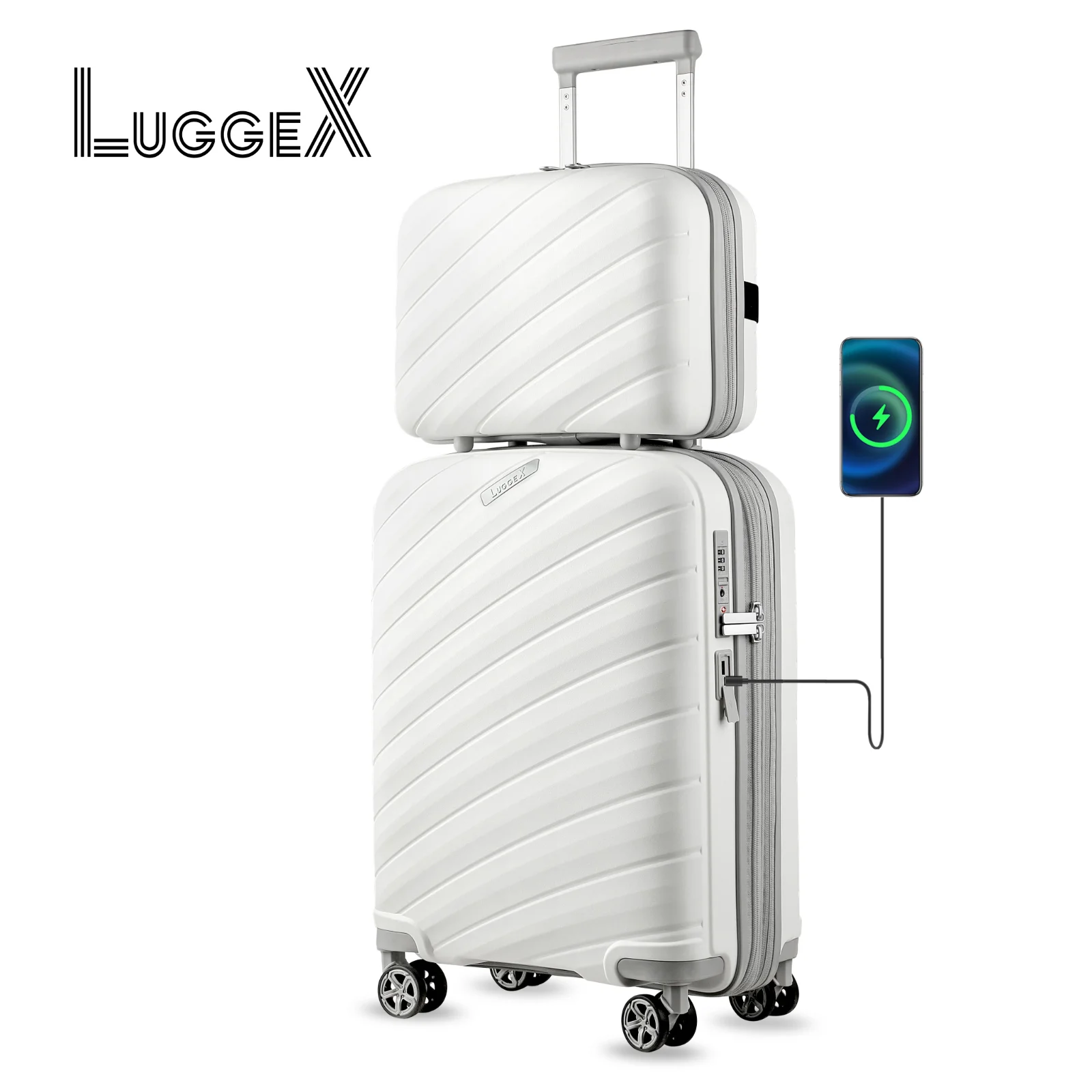 2pcs LUGGEX Carry on Luggage with Charger, Lightweight Suitcase 2 Piece with Spinner Wheels (White, 14/20)