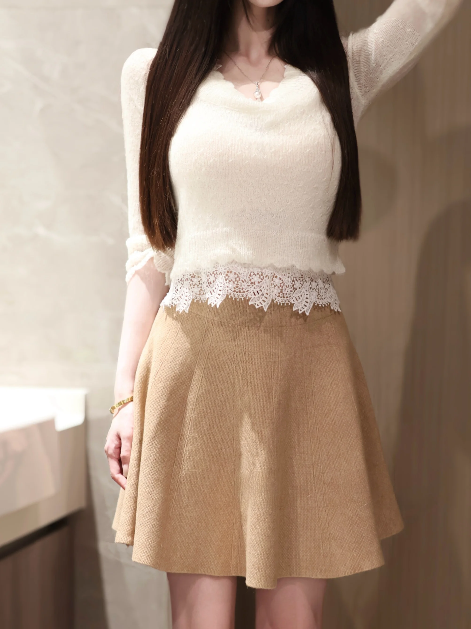 

Ele Lace Knitted Top Set Tiany Dr Weave Five Sve Ele Aosphere Polyester Fiber Soft round Ne ort Length