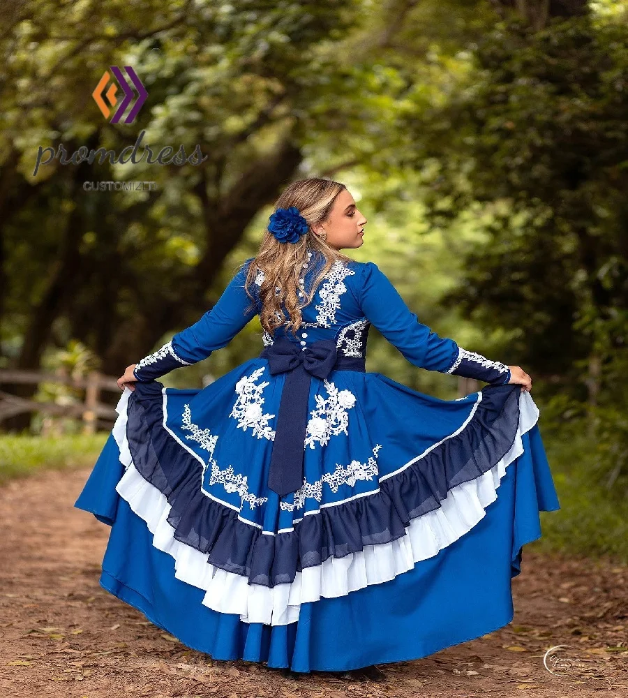 멕시코 스타일 블루 할리스코 댄스 파티 드레스 전통 긴 소매 카니발 의상 이브닝 드레스 우아한 댄스 공식 가운 맞춤형