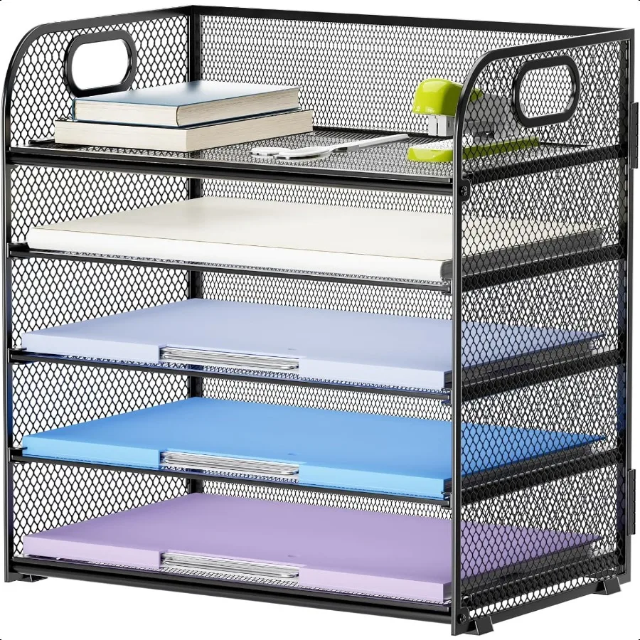 

5 Tier Paper Organizer Letter Tray Mesh Desk File Organizer with Handle Paper Sorter Desk Organizer for Home Office Supplies Bl