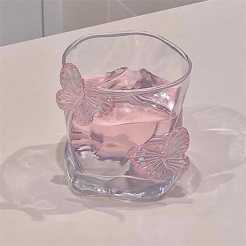Irregular Shaped Glass Cup with 3D Butterfly Decor Ideal for Beverages and Tabletop Decoration Juice Whiskey Cup