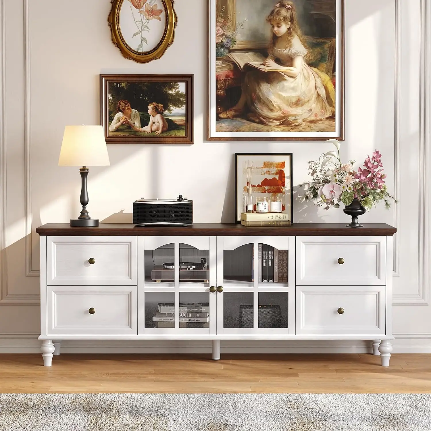 62 Inch Farmhouse Wood TV Stand Entertainment Center with Storage, 4 Drawers & Glass Doors, Adjustable Shelves Media Console for Living Room/Bedroom