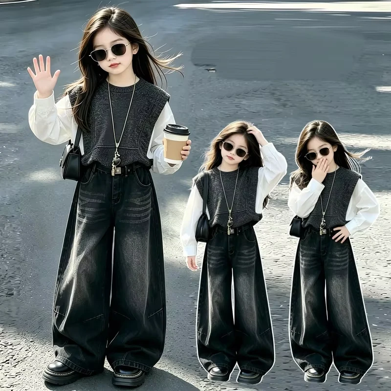 Autumn Brief Style Kids Children Wide-leg Jeans Pants for Spring Teens Girls Casual Loose Straight Black Color Denim Trousers