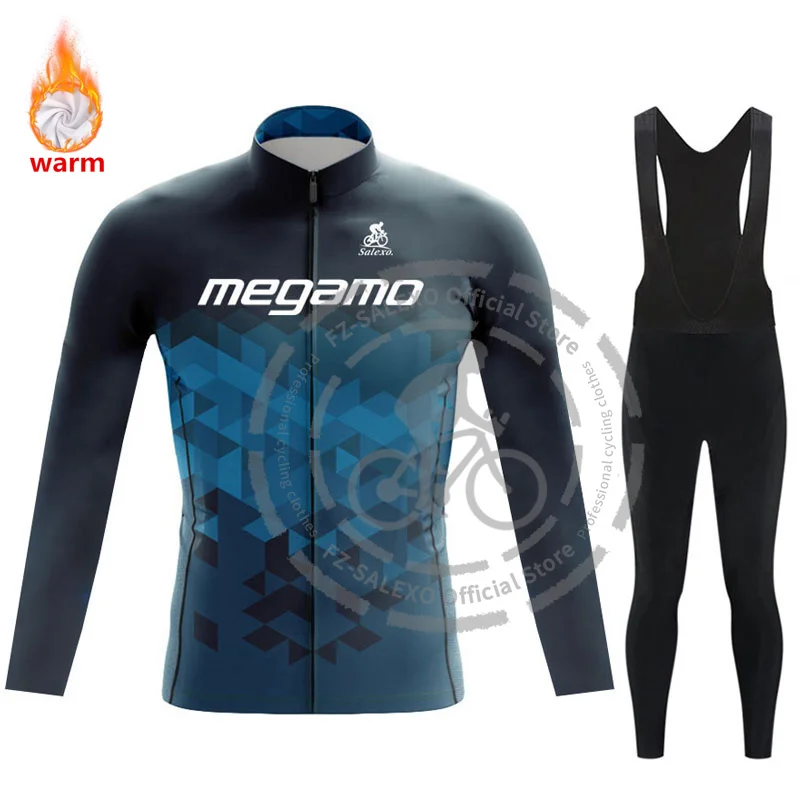 Megamo Winter Long Sleeve Cycling Jersey Set Ropa Ciclismo Mens Thermal Fleece Bicycle Clothing MTB Bicicleta Maillot Bike Pants