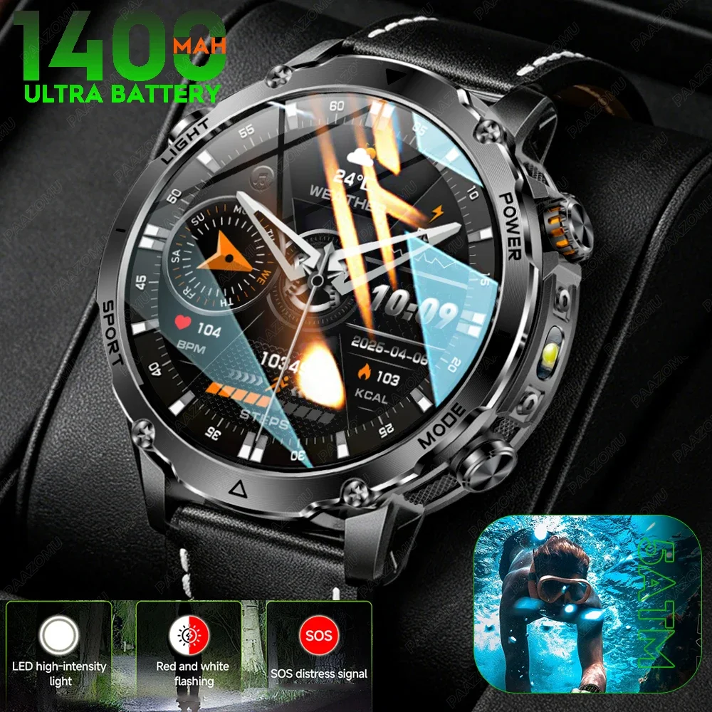 

Brand+ Military 1400mAh Battery Smart Watch Men Outdoor Flashlight 10ATM Waterproof Heart Rate Bluetooth Call Sports Bracelets