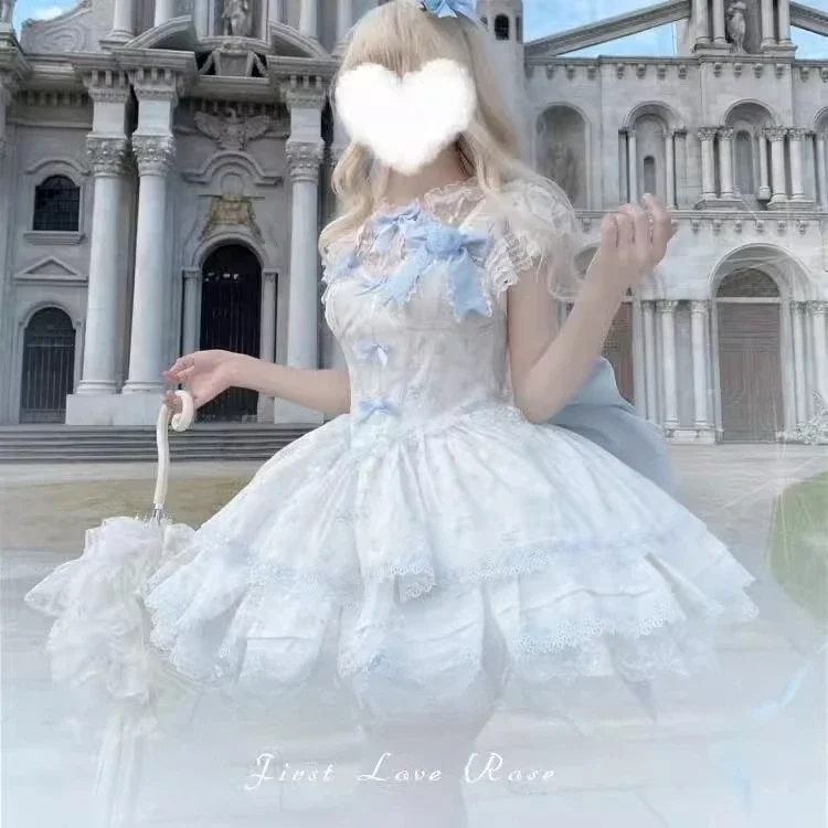 Damska Urocza Sukienka Lolita na Ramiączkach z Koronkowym Wykończeniem i Kokardą, Słodka Sukienka JSK z Przezroczystą Siateczkową Koszulą, Wyszczuplająca Sukienka Księżniczki dla Dziewcząt na Lato