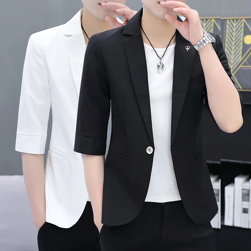 

Мужской приталенный пиджак средней длины с рукавом до локтя, весна-лето, в корейском стиле, модный тренд, однобортный, для молодежи, городской стиль