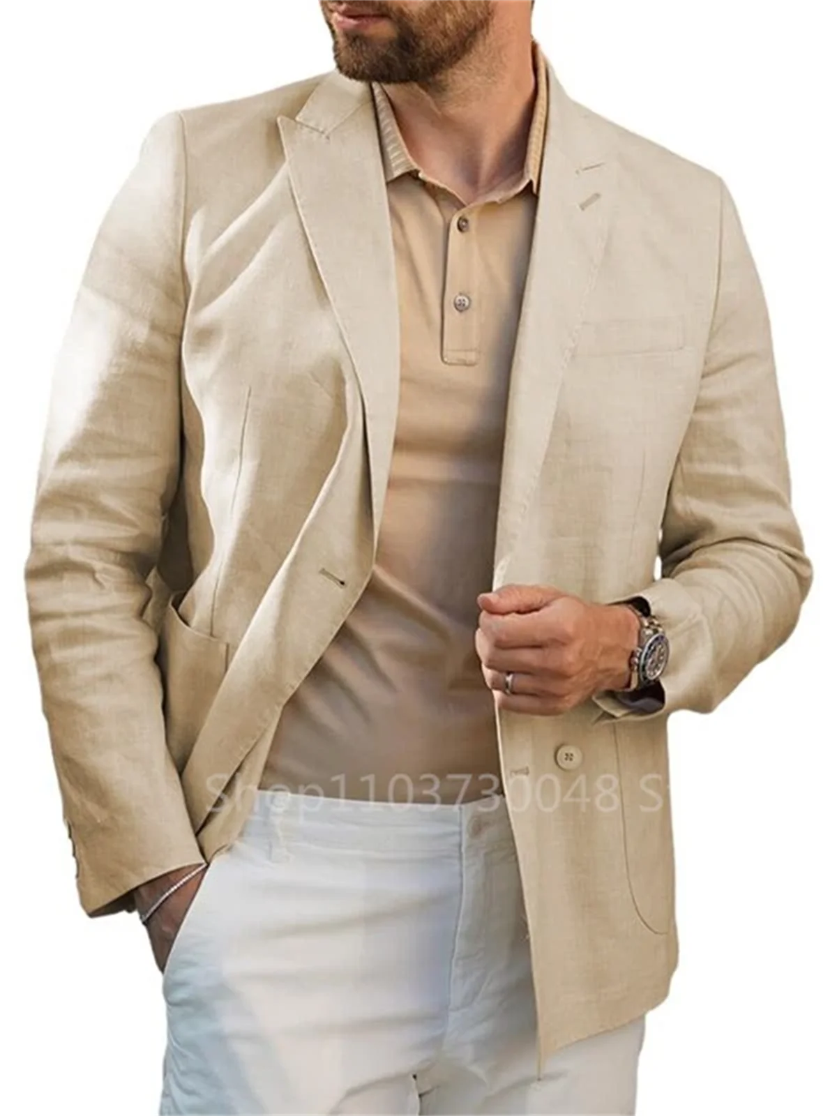 1 Pieces Newest Beige Linen Fabric Men Suit Jacket Daily  Fit Blazer Fashion Male Single Breasted Coat