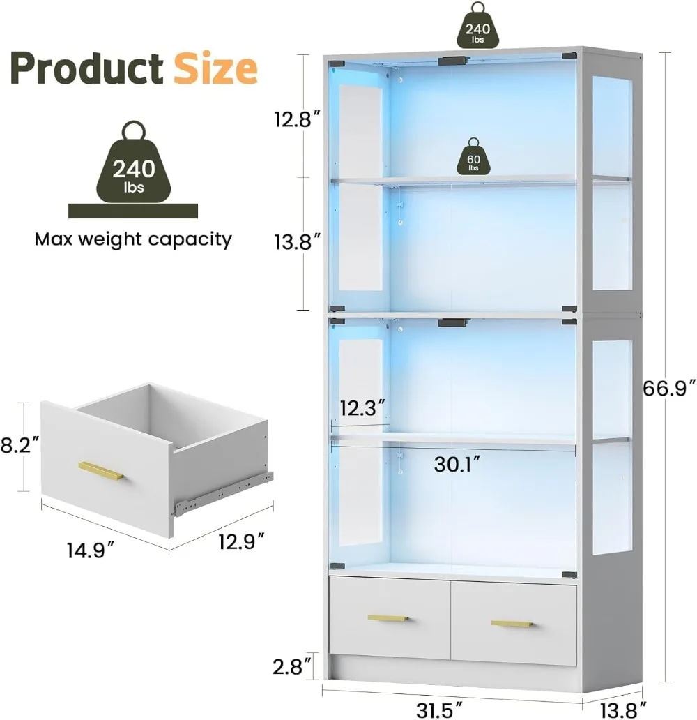 67" Curio Cabinet with Glass Doors, 4-Tier Display Case with RGB LED Lights & 2 Drawers, White for Collectibles view 2