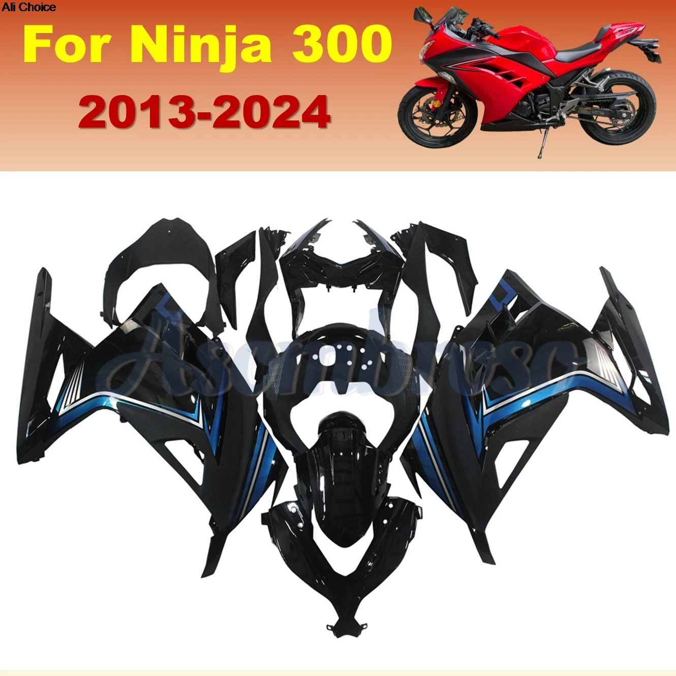 Glossy black bodywork fairing kit for kawasaki Ninja300 2013 2017 2024 2021 2023 2019 2015 blue lines housing