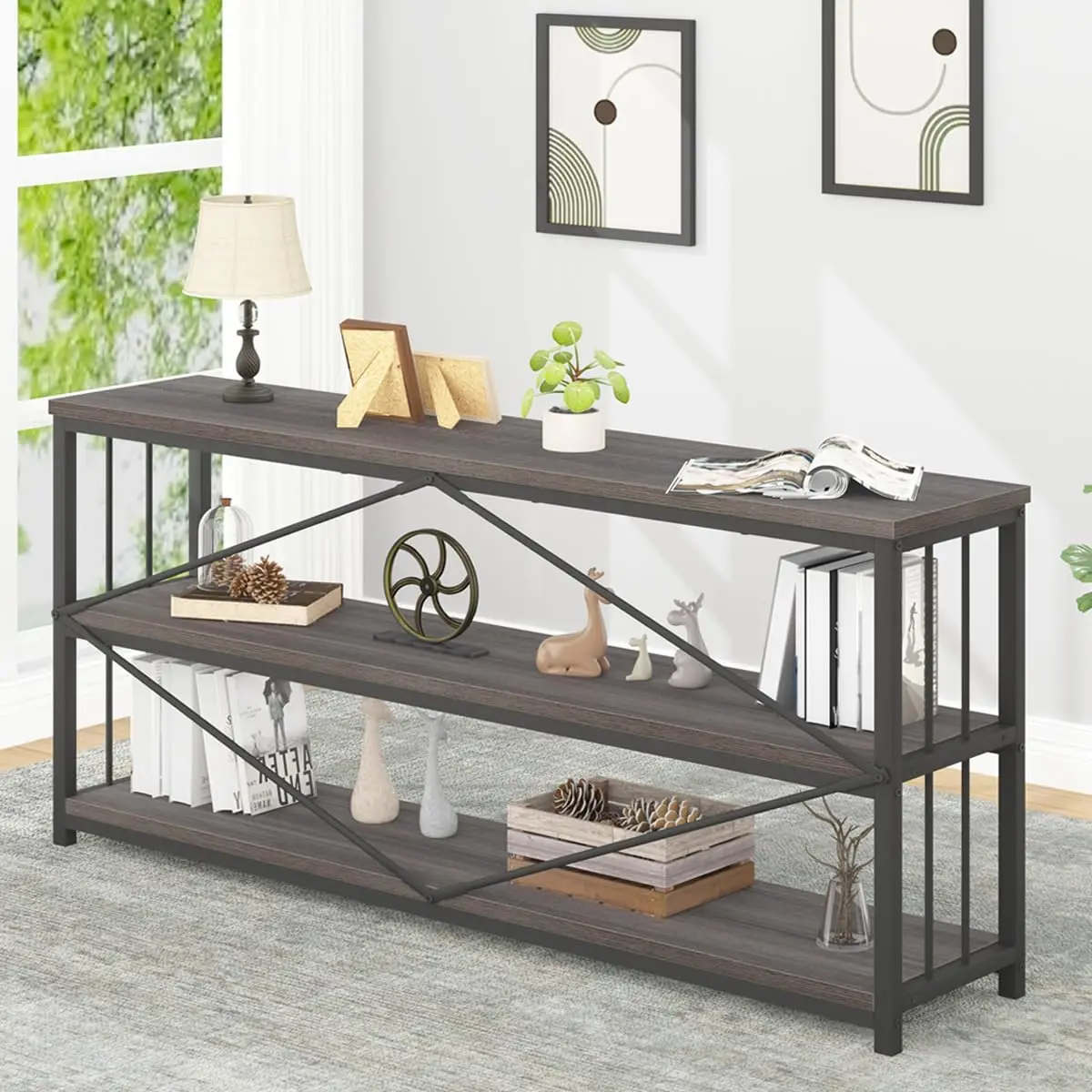 IBF Wood and Metal Book Shelf, Industrial Rustic Low 3 Tier Bookshelf, Farmhouse Long Wide Vintage Horizontal Bookcase