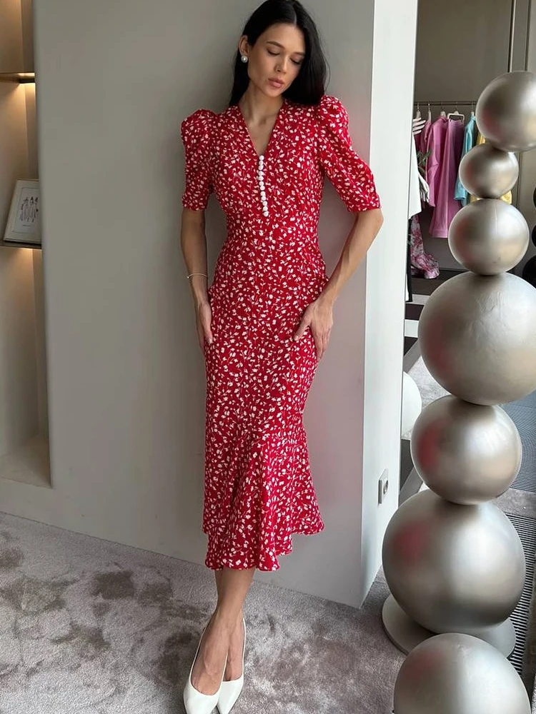 Oniflyme Sukienka maxi z nadrukiem i bufiastymi rękawami Moda damska Guziki Dekolt w szpic Krótki rękaw Bodycon Streetwear Seksowne damskie szaty imprezowe