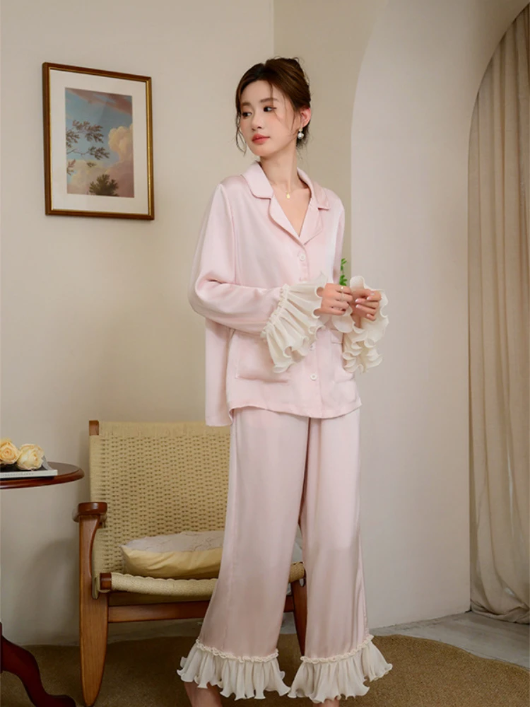 Plus Size Loose Ice Silk Pajamas Suit Women\'s Spring Autumn 2024 New Fashion Pink Ruffled Sweet Outer Wear Home Clothes