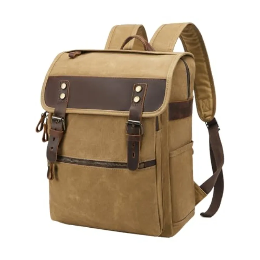 

Waxed Canvas Vintage Backpack Casual Genuine Leather Laptop Travel Rucksack for Men Women
