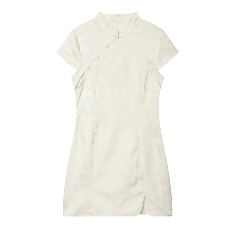 Women's Slim fit jacquard Jacquard Short Dress Summer High Neck Short Sleeve Dress Chinese Style Female Elegant  Mini Dresses