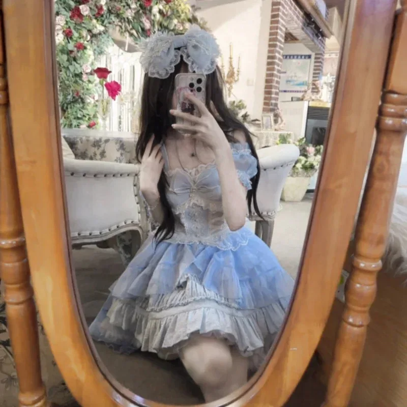 

az15Летняя история роз, розовое, синее, белое платье Лолиты, милое платье принцессы JSK для девочек, на шнуровке, с большим бантом и хвостом, каваи, для дня рождения, на каждый день